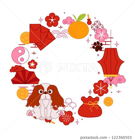 CNY 2030 circle round vector frame template for your text traditional frame design. Graphic line illustration CNY 2030 circle round vector frame template for your text traditional frame design. Graphic line illustration 122360503