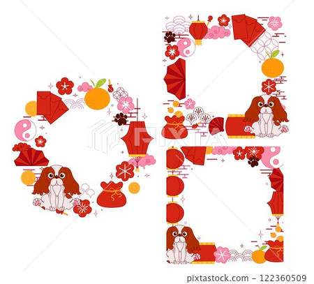 CNY Lantern festival of horse circle round frame set with chinese traditional elements and dog. 2030 vector graphic line template set on transparent background CNY Lantern festival of horse circle round frame set with chinese traditional elements and dog. 2030 vector graphic line template set on transparent background 122360509