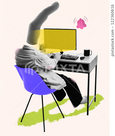Contemporary art design. Individual typing at desk, large finger representing focus on online tasks, notification bell above symbolizing urgency. Contemporary art design. Individual typing at desk, large finger representing focus on online tasks, notification bell above symbolizing urgency. 122360616