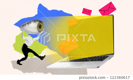 Contemporary art design. Person running with oversized eye toward laptop emitting envelopes, symbolizing speed and attention in digital communication 122360617