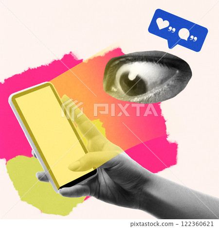 Creative art collage. Hand holding smartphone, eye and speech bubble above, symbolizing focus on social media engagement and online visibility 122360621