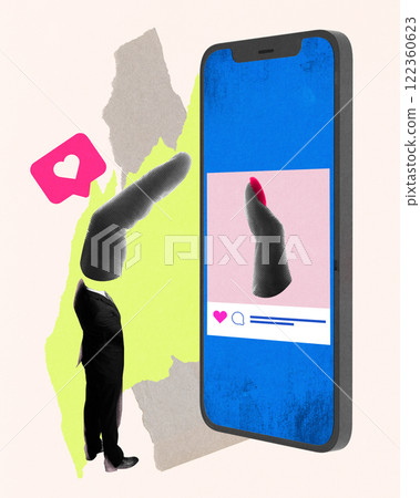 Creative art collage. Person in suit standing beside smartphone with social media post, large finger symbolizing online engagement and connection in digital spaces. 122360623