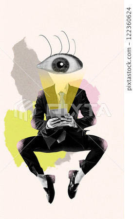 Modern art collage. Person, with wide open eye in business attire using tablet, symbolizing focus and digital interaction in modern communication. Modern art collage. Person, with wide open eye in business attire using tablet, symbolizing focus and digital interaction in modern communication. 122360624