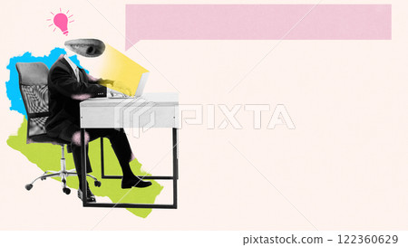 Modern art collage. Businessperson typing at desk, lightbulb above head, symbolizing innovation and productivity against background with abstract papers. Modern art collage. Businessperson typing at desk, lightbulb above head, symbolizing innovation and productivity against background with abstract papers. 122360629