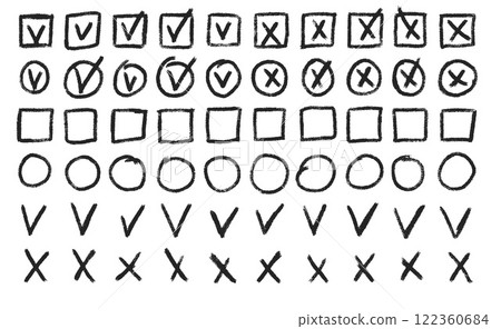 Set of checkboxes. Tick and check marks pack. Cross and v sign pencil drawn. Correct and wrong symbols. Vector doodle collection illustration isolated on white background 122360684