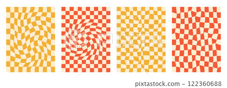 Checkerboard background set. Psychedelic checker posters templates. Vintage distorted grid and stripes y2k vertical textures. Vector playful flat geometric wavy mosaic backdrops. 122360688