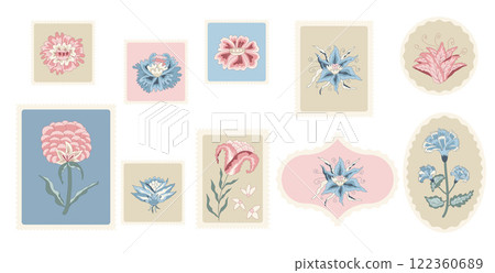 Floral elements. Flowers postage stamp isolated on white background. Vector hand drawn line art illustration 122360689