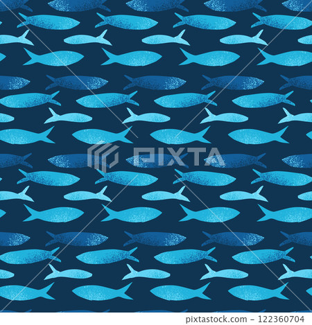 Fish seamless pattern. Sardines school allover background. Blue sea repeat cover. Underwater continuous ornament. Surface pattern design marine motif. Vector hand drawn illustration Fish seamless pattern. Sardines school allover background. Blue sea repeat cover. Underwater continuous ornament. Surface pattern design marine motif. Vector hand drawn illustration 122360704