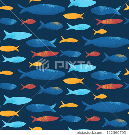 Sardines seamless pattern. Blue, red and yellow fish. school of sprat and cods allover background. Sea goldfish repeat cover. Underwater continuous ornament. Vector hand drawn bg 122360705