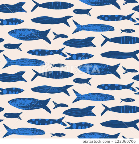 Fish seamless pattern. Sardines blue textured allover background. Coastal repeat cover. School of salmon continuous ornament. Surface pattern design seafood motif. Vector hand drawn illustration 122360706