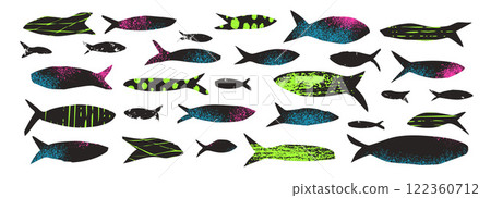 Fish textured set. Sardines school collection. Salmon silhouettes. Undersea animals. Vector hand drawn cutout collage elements illustration Fish textured set. Sardines school collection. Salmon silhouettes. Undersea animals. Vector hand drawn cutout collage elements illustration 122360712