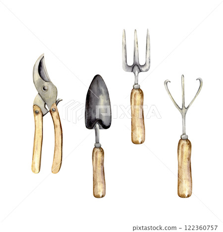 Set of watercolor gardening tools 122360757