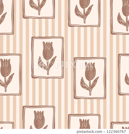 Tulip flowers seamless pattern. floral stencil on vintage frame allover background. crayon drawn repeat cover. Surface pattern design spring motif. Vector hand drawn monochrome illustration 122360767