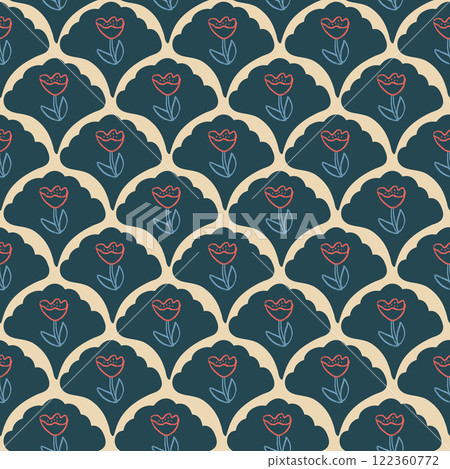 Poppy flowers crayon drawn seamless pattern. Floral allover background. Stylized botany scallop repeat backdrop. Surface pattern design spring motif. Vector hand drawn illustration 122360772