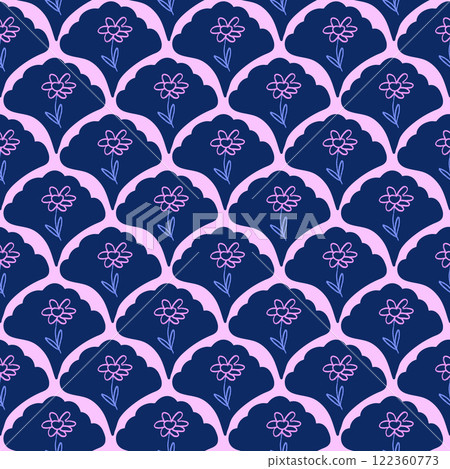 Flowers crayon drawn seamless pattern. Floral allover background. Stylized botany scallop repeat backdrop. Surface pattern design spring motif. Vector hand drawn illustration 122360773