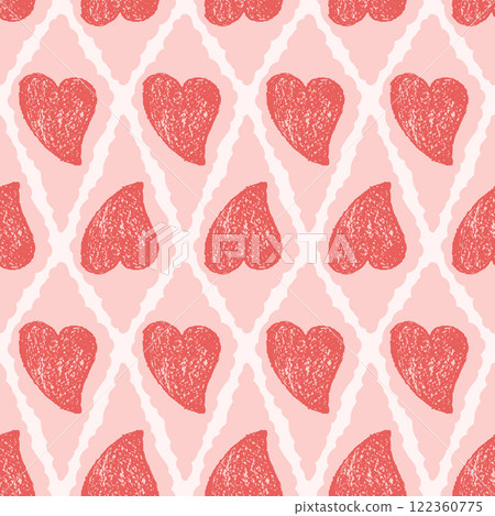 Hearts crayon drawn seamless pattern on rhombus doodle frames. Valentines day repeat background. Love symbols endless backdrop. Surface pattern design romantic date motif. Vector hand drawn cover 122360775