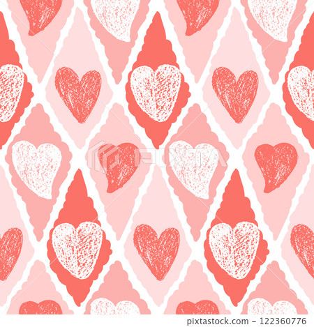 Hearts crayon drawn seamless pattern on rhombus doodle frames. Valentines day repeat background. Love symbols endless backdrop. Surface pattern design romantic date motif. Vector hand drawn cover Hearts crayon drawn seamless pattern on rhombus doodle frames. Valentines day repeat background. Love symbols endless backdrop. Surface pattern design romantic date motif. Vector hand drawn cover 122360776