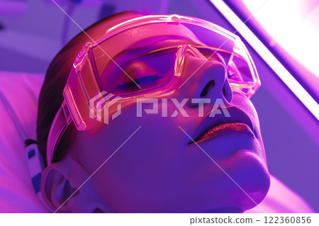 Close-up of a young girl taking an ultraviolet facial bath. Beautiful woman enjoying the procedure. Concept of natural beauty, cosmetology, luxury cosmetics, skin care. Lots of space for text. Banner 122360856