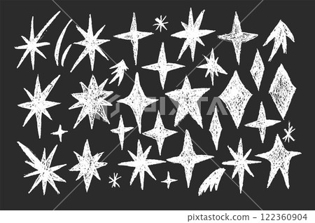 Sparkles stars chalk doodle set. Crayon blings pack on school chalkboard. Comets and blinking on night sky by chalk. Vector hand drawn by pencil illustration isolated on black background. 122360904