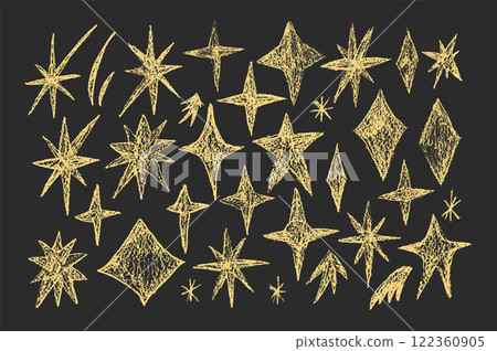 Sparkles stars doodle set. Crayon golden blings pack on chalkboard. Comets and blinking on night sky by chalk. Vector hand drawn by pencil illustration isolated on black background. 122360905