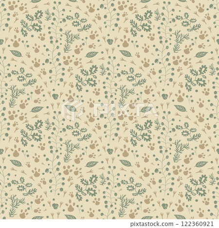 Woodland seamless pattern. Forest endless background. earthy continuous ornament. Surface pattern folk cabincore design motif. Vector hand drawn illustration. 122360921