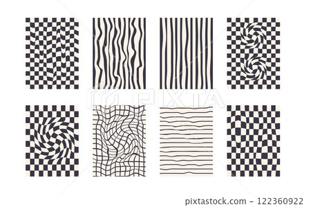 Groovy checkerboard pattern set. Psychedelic checker background pack. Distorted y2k retro chess textures. Funky abstract poster design templates. Vector playful flat geometric wavy grid illustration Groovy checkerboard pattern set. Psychedelic checker background pack. Distorted y2k retro chess textures. Funky abstract poster design templates. Vector playful flat geometric wavy grid illustration 122360922