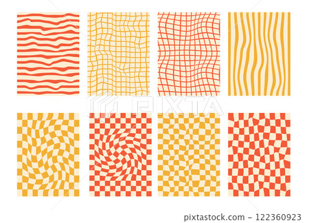 Groovy checkerboard pattern set. Psychedelic checker background pack. Trippy y2k retro vertical textures. Funky abstract poster design templates. Vector playful flat geometric wavy grid illustration Groovy checkerboard pattern set. Psychedelic checker background pack. Trippy y2k retro vertical textures. Funky abstract poster design templates. Vector playful flat geometric wavy grid illustration 122360923