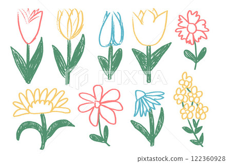 Flowers crayon drawn set. Spring tulip, daisy, chamomile and marguerite plants doodle. Summer floral kids floral shape. Vector pencil illustration isolated on white background. Flowers crayon drawn set. Spring tulip, daisy, chamomile and marguerite plants doodle. Summer floral kids floral shape. Vector pencil illustration isolated on white background. 122360928