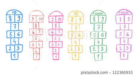 Hopscotch games set isolated on white background. Children playground outdoor entertainment. Vector chalk drawn illustration Hopscotch games set isolated on white background. Children playground outdoor entertainment. Vector chalk drawn illustration 122360933