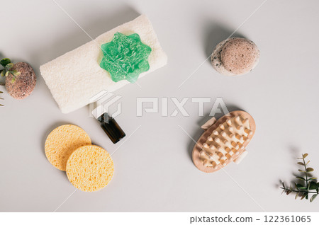 Natural items for spa treatments on a light background top view Natural items for spa treatments on a light background top view 122361065