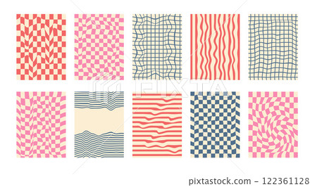 Groovy checkerboard pattern set. Psychedelic checker background pack. Trippy y2k retro vertical textures. Funky abstract poster design templates. Vector playful flat geometric wavy grid illustration 122361128