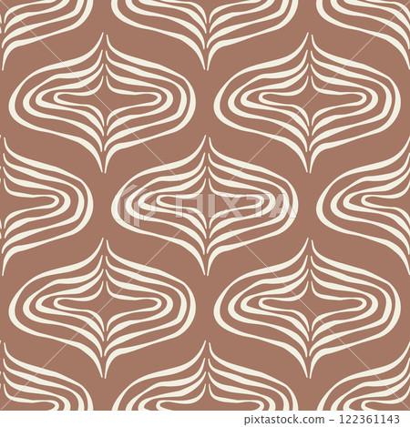 Brown and white monochrome ogee seamless pattern. Damask geometric print mocha mouse endless background. Abstract chocolate repeat cover. Minimal modern nude continuous ornament. Vector illustration. Brown and white monochrome ogee seamless pattern. Damask geometric print mocha mouse endless background. Abstract chocolate repeat cover. Minimal modern nude continuous ornament. Vector illustration. 122361143