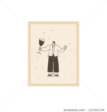 Wine lover toasting on postal stamp. Tasting event square zigzag edges emblem. Party with alcohol drinks. Man with wineglass have fun. Vector hand drawn doodle illustration Wine lover toasting on postal stamp. Tasting event square zigzag edges emblem. Party with alcohol drinks. Man with wineglass have fun. Vector hand drawn doodle illustration 122361144