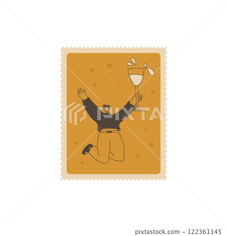 Wine lover on postal stamp. Tasting event square zigzag edges emblem. Party with alcohol drinks. Person with wineglass visit a vineyard. Vector hand drawn doodle illustration Wine lover on postal stamp. Tasting event square zigzag edges emblem. Party with alcohol drinks. Person with wineglass visit a vineyard. Vector hand drawn doodle illustration 122361145