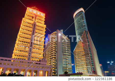 Night view of skyscrapers in Lujiazui, Pudong New Area, Shanghai, China Night view of skyscrapers in Lujiazui, Pudong New Area, Shanghai, China 122361186