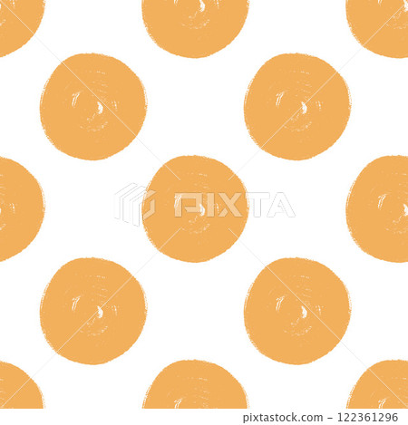 Polka dots yellow abstract seamless pattern marker drawn. Circular spots allover background. Round brush blobs repeat cover. Scribble painted elements. Vector surface design festive motif. 122361296