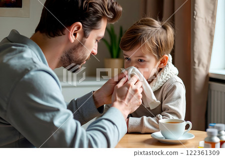 Father wiping his nose with handkerchief on his cold-stricken son. Parental care and treatment during cold season Father wiping his nose with handkerchief on his cold-stricken son. Parental care and treatment during cold season 122361309