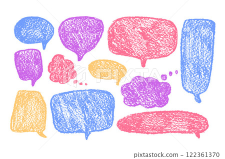 Speech bubbles set. Crayon doodle text borders. Chat dialog boxes. Comic talk clouds by chalk or pencil isolated on white background. Childish style quotation balloon Vector hand drawn illustration 122361370