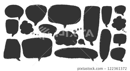 Speech bubbles set. Crayon doodle text frames. Chat dialog boxes. Comic talk clouds by chalk or pencil isolated on white background. Childish style quotation balloon Vector hand drawn illustration Speech bubbles set. Crayon doodle text frames. Chat dialog boxes. Comic talk clouds by chalk or pencil isolated on white background. Childish style quotation balloon Vector hand drawn illustration 122361372