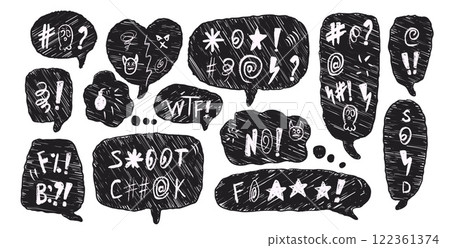 Speech bubbles with swear words. Curse crayon doodle text. Negative expression on chat dialog boxes. Aggressive swearwords isolated on white background. Vector hand drawn illustration 122361374