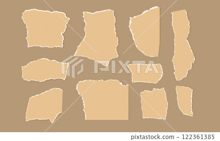 Set of torn edges papers. Tear sheets pieces pack. Jagged freeform recycled templates packaging cardboard. Collage elements. Ripped blank pages. Vector hand drawn flat collection illustration isolated Set of torn edges papers. Tear sheets pieces pack. Jagged freeform recycled templates packaging cardboard. Collage elements. Ripped blank pages. Vector hand drawn flat collection illustration isolated 122361385