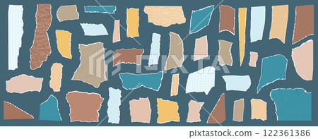 Set of torn edges papers. Tear sheet pieces pack. Note uneven texture stickers badges. Blanks for messages and memo. Scrapbooking small paper shapes. Vector hand drawn collection illustration isolated Set of torn edges papers. Tear sheet pieces pack. Note uneven texture stickers badges. Blanks for messages and memo. Scrapbooking small paper shapes. Vector hand drawn collection illustration isolated 122361386
