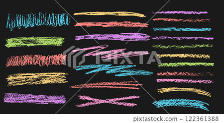 Crayon underline set. Pencil straight scribble lines pack. Vector hand drawn neon colors brush stroke collection illustration isolated on dark background. Kids highlights handwritten shape elements Crayon underline set. Pencil straight scribble lines pack. Vector hand drawn neon colors brush stroke collection illustration isolated on dark background. Kids highlights handwritten shape elements 122361388