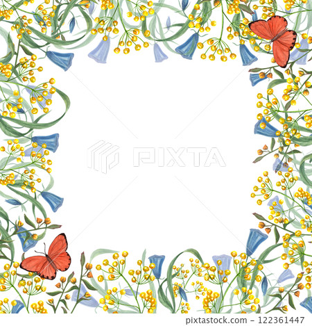Blooming stylized meadow yellow, blue flowers with flying orange butterflies square frame. Floral illustration with empty space for text. For birthday greeting, cards design, wedding invitation Blooming stylized meadow yellow, blue flowers with flying orange butterflies square frame. Floral illustration with empty space for text. For birthday greeting, cards design, wedding invitation 122361447