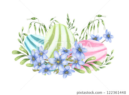 Watercolor striped easter eggs, spring blue primrose, meadow spikelet, herbs illustration. Hand painting floral composition in pastel colors for poster, invitation, holiday greeting cards Watercolor striped easter eggs, spring blue primrose, meadow spikelet, herbs illustration. Hand painting floral composition in pastel colors for poster, invitation, holiday greeting cards 122361448