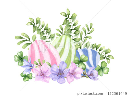 Watercolor striped easter eggs in pastel colors, spring blue, pink flowers, meadow herbs illustration isolated background. Hand painting floral composition for holiday invitation, greeting cards. 122361449