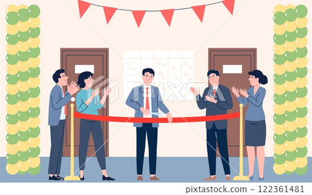 Opening ceremony. Owner boss cutting red ribbon on inauguration new office store building company. Managers team clapping, flat business recent vector scene Opening ceremony. Owner boss cutting red ribbon on inauguration new office store building company. Managers team clapping, flat business recent vector scene 122361481