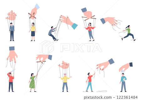 Freedom of manipulation. People puppets breaking strings and get free. Emancipation and independence men women with ropes, fight with control recent vector set 122361484