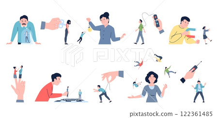 Control of people. Boss manipulators, work harassment and mental violence. Political plays of lives, money or relationship manipulations, recent vector set Control of people. Boss manipulators, work harassment and mental violence. Political plays of lives, money or relationship manipulations, recent vector set 122361485