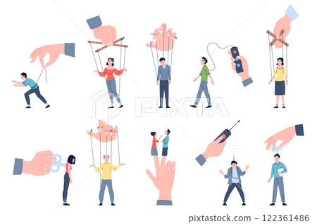 Manipulation and control. People mental violence, abusing and controlling. Puppet dolls business or political characters. Playing with lives recent vector set 122361486